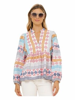 OLIPHANT MANDARIN BALLOON TOP - CASABLANCA Embroidered Boho Size Medium Coastal